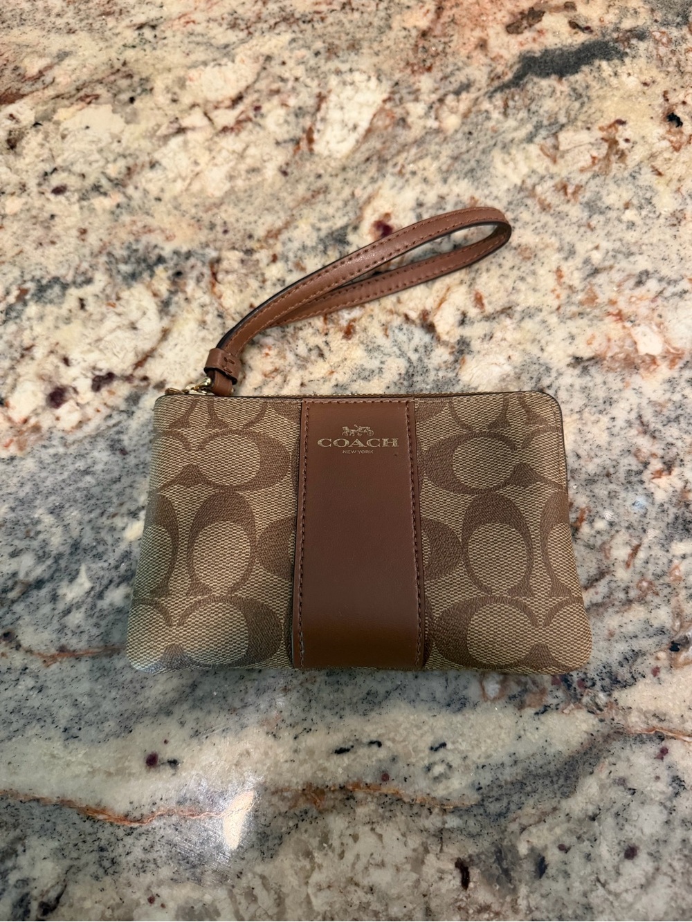 Coach Brown Signature Canvas Wristlet with Leather Strap